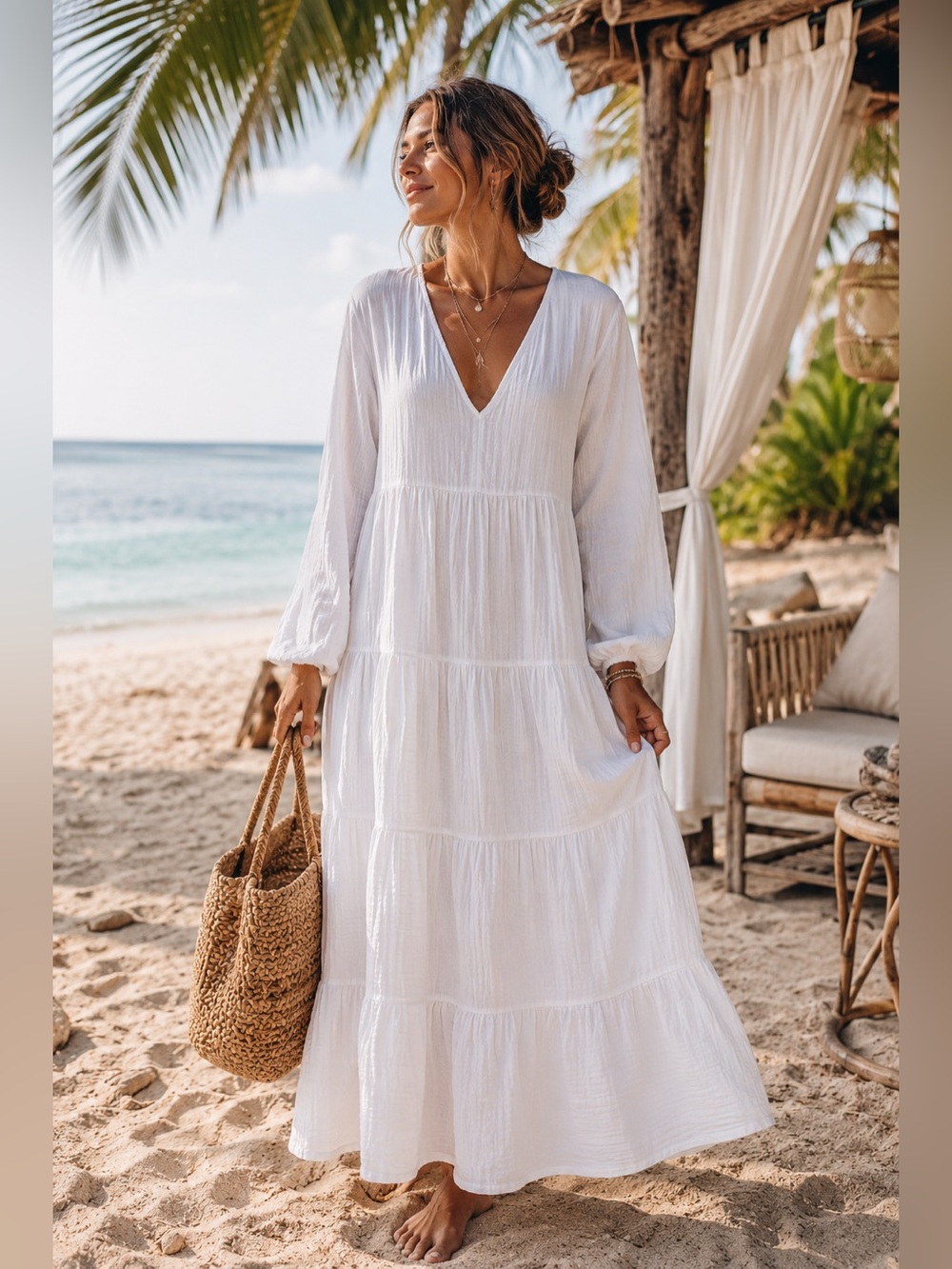 Universal Thread White Gauze Tiered Maxi Dress Large Boho Cottagecore Beachy